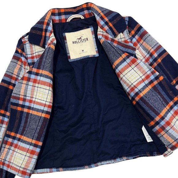 HOLLISTER Women M Moto Jacket Navy Wool Plaid Side Zip Fitted Lined Jacket - Picture 11 of 12